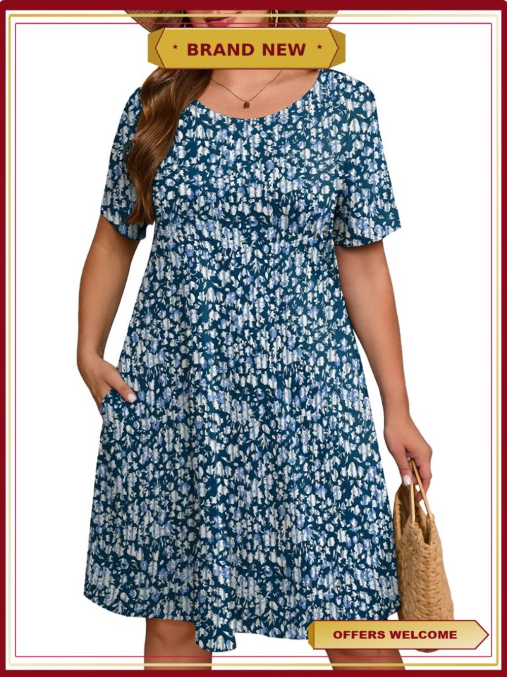 Plus Size Floral T-Shirt Dress Short Sleeve Midi with Pockets